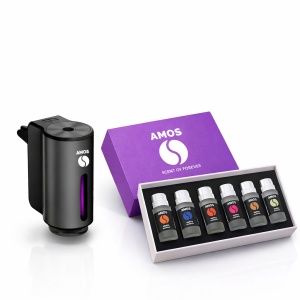 Difuzor parfum auto AMOS Mini Negru, 1 set rezerve parfum 7 arome, odorizant inteligent, arome intense, 3 trepte intensitate