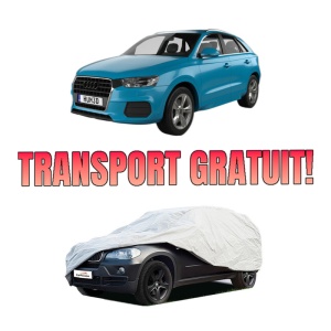 Husa tip prelata auto AUDI Q3 (F3B) din 2018-2021, Culoare Gri, material textil impermeabil, rezistanta la intemperii praf UV, CARPASSION Husa Protectie, 4 Stickere auto cu AUDI