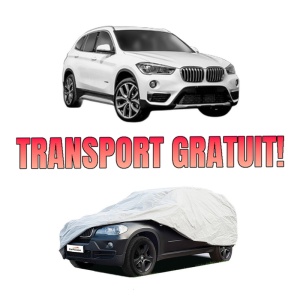 Husa tip prelata auto BMW X1 Van (F48) din 2015-2022, Culoare Gri, material textil impermeabil, rezistanta la intemperii praf UV, CARPASSION Husa Protectie, 4 Stickere auto cu BMW