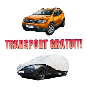 Husa tip prelata auto DACIA DUSTER SUV Van din 2011-2018, Culoare Gri, material textil impermeabil, rezistanta la intemperii praf UV, CARPASSION Husa Protectie, 4 Stickere auto cu DACIA