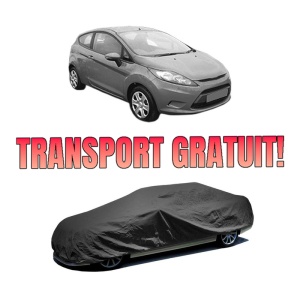 Husa tip prelata auto FORD FIESTA VI (CB1, CCN) din 2008-2018, Culoare Negru, material textil impermeabil, rezistanta la intemperii praf UV, CARPASSION Husa Protectie, 4 Stickere auto cu FORD
