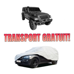 Husa tip prelata auto JEEP WRANGLER IV (JL) din 2017-2021, Culoare Gri, material textil impermeabil, rezistanta la intemperii praf UV, CARPASSION Husa Protectie, 4 Stickere auto cu JEEP