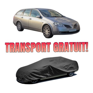 Husa tip prelata auto NISSAN PRIMERA Hatchback (P12) din 2002-2008, Culoare Negru, material textil impermeabil, rezistanta la intemperii praf UV, CARPASSION Husa Protectie, 4 Stickere auto cu NISSAN