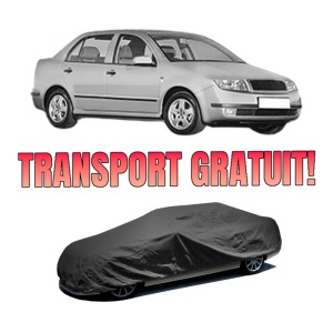 Husa tip prelata auto SKODA FABIA I Saloon (6Y3) din 1999-2007, Culoare Negru, material textil impermeabil, rezistanta la intemperii praf UV, CARPASSION Husa Protectie, 4 Stickere auto cu SKODA