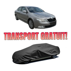 Husa tip prelata auto SKODA SUPERB II (3T4) din 2008-2015, Culoare Negru, material textil impermeabil, rezistanta la intemperii praf UV, CARPASSION Husa Protectie, 4 Stickere auto cu SKODA