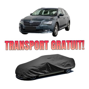 Husa tip prelata auto SKODA SUPERB III Estate (3V5) din 2015-2024, Culoare Negru, material textil impermeabil, rezistanta la intemperii praf UV, CARPASSION Husa Protectie, 4 Stickere auto cu SKODA