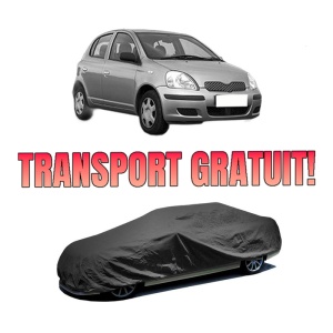 Husa tip prelata auto TOYOTA YARIS (_P1_) din 1999-2005, Culoare Negru, material textil impermeabil, rezistanta la intemperii praf UV, CARPASSION Husa Protectie, 4 Stickere auto cu TOYOTA