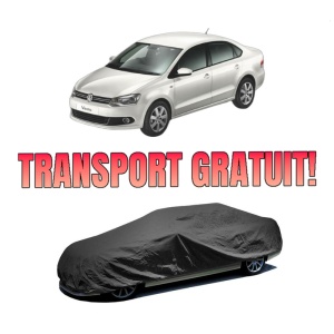 Husa tip prelata auto Volskwagen POLO V Saloon (602, 604, 612, 614) din 2010-2022, Culoare Negru, material textil impermeabil, rezistanta la intemperii praf UV, CARPASSION Husa Protectie, 4 Stickere auto cu Volskwagen