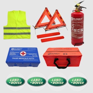 Kit siguranta auto Cri-Flo, Omologat R.A.R, Valabilitate 5 ani, 1x Trusa Prim Ajutor, 2 x Triunghiuri, 1x Stingator tip Spray, 1x Vesta reflectorizanta, Geanta pentru depozitare, 4 Stickere auto cu Land-Rover - Img 2