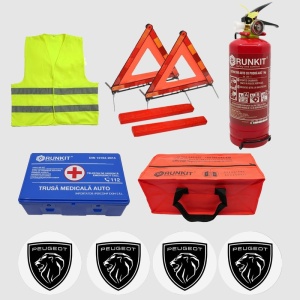 Kit siguranta auto Cri-Flo, Omologat R.A.R, Valabilitate 5 ani, 1x Trusa Prim Ajutor, 2 x Triunghiuri, 1x Stingator tip Spray, 1x Vesta reflectorizanta, Geanta pentru depozitare, 4 Stickere auto cu Peugeot - Img 2