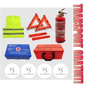 Kit siguranta auto Cri-Flo, Omologat R.A.R, Valabilitate 5 ani, 1x Trusa Prim Ajutor, 2 x Triunghiuri, 1x Stingator tip Spray, 1x Vesta reflectorizanta, Geanta pentru depozitare, 4 Stickere auto cu Ds