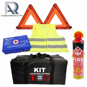 Kit Trusa siguranta rutiera auto, Omologat R.A.R, Valabilitate 5 ani, 1x Extinctor tip spray, 1x Trusa Medicala, 2x Triunghiuri,1x Geanta depozitare neagra, SETRUTIERA