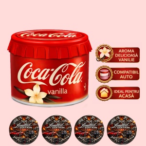 Odorizant Auto 3D Coca Cola Vanilie, Tip conserva, Cupholder, Parfum Intens și Persistent, Design Realist, Vegan Friendly, ideal pentru masina birou casa, 4x Stickere auto