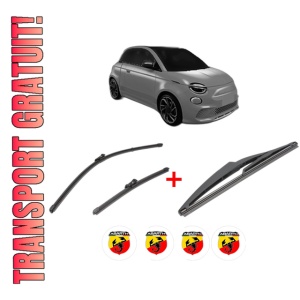 Set 3 stergatoare ABARTH 500E Hatchback (332_) din 2023, pentru parbriz si luneta fata si spate auto, Valeo Silencio, din cauciuc siliconat rezistent, 4 Stickere Auto ABARTH