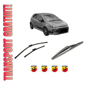 Set 3 stergatoare ABARTH PUNTO EVO din 2009-2012, pentru parbriz si luneta fata si spate auto, Bosch Twin-Aerotwin Multi, din cauciuc siliconat rezistent, 4 Stickere Auto ABARTH
