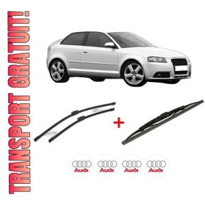 Set 3 stergatoare AUDI A3 (8P1) din 2003 - 2012, pentru parbriz si luneta fata si spate auto, Bosch Twin, din cauciuc siliconat rezistent, 4 Stickere Auto AUDI