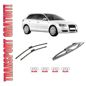 Set 3 stergatoare AUDI A3 Sportback (8PA) din 2004-2013, pentru parbriz si luneta fata si spate auto, Bosch Twin-Aerotwin Multi, din cauciuc siliconat rezistent, 4 Stickere Auto AUDI