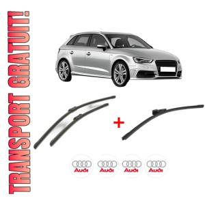 Set 3 stergatoare AUDI A3 Sportback (8VA, 8VF) din 2012 - 2020, pentru parbriz si luneta fata si spate auto, Bosch Aerotwin, din cauciuc siliconat rezistent, 4 Stickere Auto AUDI