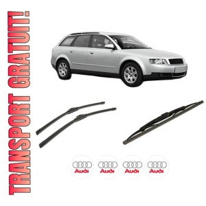 Set 3 stergatoare AUDI A4 B6 Avant (8E5) din 2001-2004, pentru parbriz si luneta fata si spate auto, Bosch Twin-Aerotwin, din cauciuc siliconat rezistent, 4 Stickere Auto AUDI