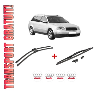 Set 3 stergatoare AUDI A6 C5 Avant (4B5, 4B6) din 1997 - 2005, pentru parbriz si luneta fata si spate auto, Valeo Silencio, din cauciuc siliconat rezistent, 4 Stickere Auto AUDI