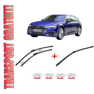 Set 3 stergatoare AUDI A6 C8 Avant (4A5) din 2018, pentru parbriz si luneta fata si spate auto, Bosch Aerotwin, din cauciuc siliconat rezistent, 4 Stickere Auto AUDI