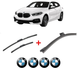 Set 3 stergatoare BMW Seria 1 (F40) din 2019, pentru parbriz si luneta fata si spate auto, Bosch Aerotwin, din cauciuc siliconat rezistent, 4 Stickere Auto BMW v6773