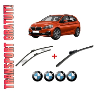 Set 3 stergatoare BMW Seria 2 Gran Tourer Van (F46) din 2014, pentru parbriz si luneta fata si spate auto, Bosch Aerotwin, din cauciuc siliconat rezistent, 4 Stickere Auto BMW