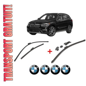 Set 3 stergatoare BMW Seria X1 (F48) din 2014 - 2022, pentru parbriz si luneta fata si spate auto, Valeo HydroConnect, din cauciuc siliconat rezistent, 4 Stickere Auto BMW