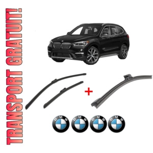 Set 3 stergatoare BMW Seria X1 (F48) din 2014 - 2022, pentru parbriz si luneta fata si spate auto, Bosch Aerotwin, din cauciuc siliconat rezistent, 4 Stickere Auto BMW