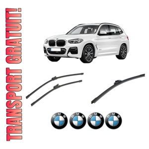 Set 3 stergatoare BMW Seria X3 Van (G01) din 2017-2019, pentru parbriz si luneta fata si spate auto, Bosch Aerotwin-Aerotwin, din cauciuc siliconat rezistent, 4 Stickere Auto BMW
