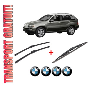 Set 3 stergatoare BMW Seria X5 (E53) din 2000 - 2006, pentru parbriz si luneta fata si spate auto, Bosch Twin, din cauciuc siliconat rezistent, 4 Stickere Auto BMW