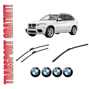 Set 3 stergatoare BMW Seria X5 (E70) din 2006-2013, pentru parbriz si luneta fata si spate auto, Bosch Aerotwin-Aerotwin Multi, din cauciuc siliconat rezistent, 4 Stickere Auto BMW