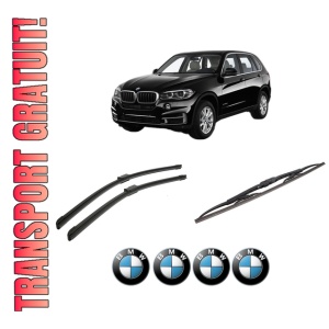 Set 3 stergatoare BMW Seria X5 (F15, F85) din 2013-2018, pentru parbriz si luneta fata si spate auto, Bosch Twin-Aerotwin, din cauciuc siliconat rezistent, 4 Stickere Auto BMW