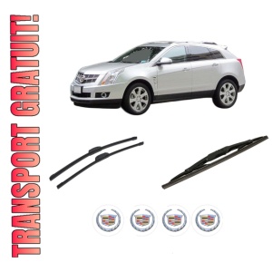Set 3 stergatoare CADILLAC SRX din 2003-2009, pentru parbriz si luneta fata si spate auto, Bosch Twin-Aerotwin Retrofit, din cauciuc siliconat rezistent, 4 Stickere Auto CADILLAC
