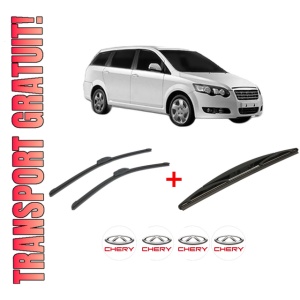 Set 3 stergatoare CHERY EASTAR CROSS din 2007 - 2010, pentru parbriz si luneta fata si spate auto, Bosch Twin, din cauciuc siliconat rezistent, 4 Stickere Auto CHERY