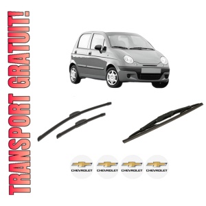 Set 3 stergatoare CHEVROLET MATIZ (M200, M250) din 2005-2013, pentru parbriz si luneta fata si spate auto, Bosch Twin-Aerotwin Retrofit, din cauciuc siliconat rezistent, 4 Stickere Auto CHEVROLET