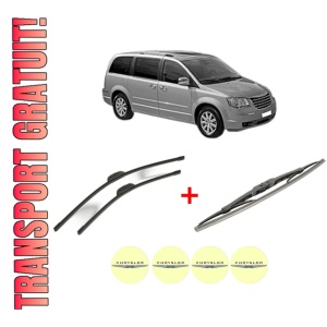 Set 3 stergatoare CHRYSLER GRAND VOYAGER / VOYAGER V (RT) din 2007, pentru parbriz si luneta fata si spate auto, Bosch Twin, din cauciuc siliconat rezistent, 4 Stickere Auto CHRYSLER