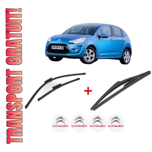 Set 3 stergatoare CITROEN C3 II Hatchback Van (SC_) din 2010 - 2016, pentru parbriz si luneta fata si spate auto, Valeo Silencio, din cauciuc siliconat rezistent, 4 Stickere Auto CITROEN