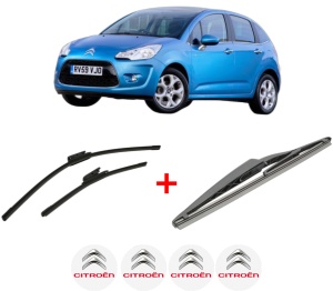 Set 3 stergatoare CITROEN C3 II Hatchback Van (SC_) din 2010 - 2016, pentru parbriz si luneta fata si spate auto, Bosch Twin, din cauciuc siliconat rezistent, 4 Stickere Auto CITROEN v8993