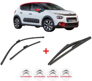 Set 3 stergatoare CITROEN C3 III (SX) din 2016 - 2018, pentru parbriz si luneta fata si spate auto, Valeo Silencio, din cauciuc siliconat rezistent, 4 Stickere Auto CITROEN v14632
