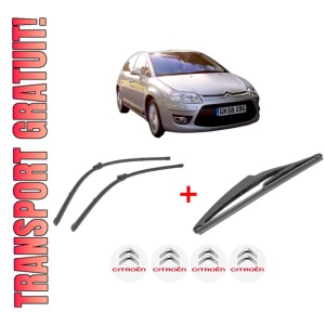 Set 3 stergatoare CITROEN C4 II (NC_) din 2009 - 2018, pentru parbriz si luneta fata si spate auto, Valeo Silencio, din cauciuc siliconat rezistent, 4 Stickere Auto CITROEN
