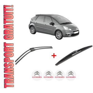 Set 3 stergatoare CITROEN C4 PICASSO I MPV (UD_) din 2006 - 2013, pentru parbriz si luneta fata si spate auto, Bosch Twin, din cauciuc siliconat rezistent, 4 Stickere Auto CITROEN