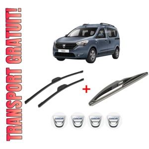 Set 3 stergatoare DACIA DOKKER Box Body/MPV din 2012 - 2021, pentru parbriz si luneta fata si spate auto, Bosch Twin, din cauciuc siliconat rezistent, 4 Stickere Auto DACIA