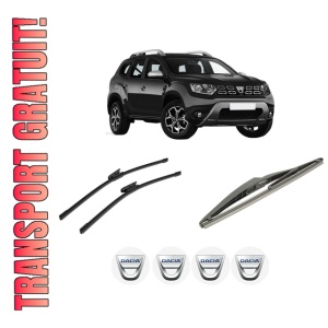 Set 3 stergatoare DACIA DUSTER (HM_) din 2017-2022, pentru parbriz si luneta fata si spate auto, Bosch Twin-Aerotwin, din cauciuc siliconat rezistent, 4 Stickere Auto DACIA
