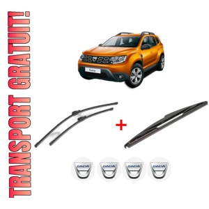 Set 3 stergatoare DACIA DUSTER SUV Van din 2011 - 2018, pentru parbriz si luneta fata si spate auto, Valeo Silencio, din cauciuc siliconat rezistent, 4 Stickere Auto DACIA