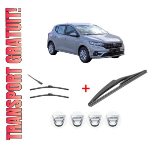Set 3 stergatoare DACIA SANDERO III din 2021, pentru parbriz si luneta fata si spate auto, Valeo Silencio, din cauciuc siliconat rezistent, 4 Stickere Auto DACIA