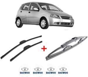 Set 3 stergatoare DAEWOO KALOS (KLAS) din 2002, pentru parbriz si luneta fata si spate auto, Bosch Twin, din cauciuc siliconat rezistent, 4 Stickere Auto DAEWOO v11747