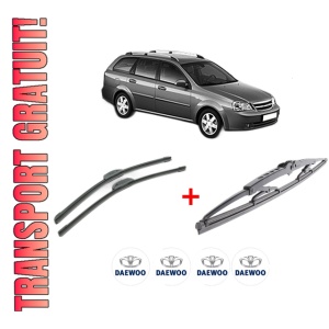 Set 3 stergatoare DAEWOO NUBIRA Wagon (J100) din 1997 - 1999, pentru parbriz si luneta fata si spate auto, Bosch Twin, din cauciuc siliconat rezistent, 4 Stickere Auto DAEWOO