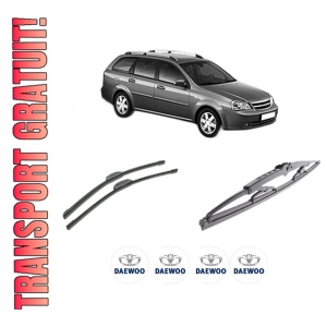 Set 3 stergatoare DAEWOO NUBIRA Wagon (J100) din 1997-2000, pentru parbriz si luneta fata si spate auto, Bosch Twin-Aerotwin Retrofit, din cauciuc siliconat rezistent, 4 Stickere Auto DAEWOO