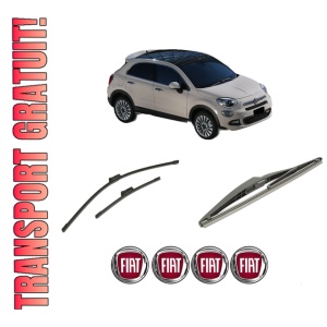 Set 3 stergatoare FIAT 500X (334_) din 2014-2022, pentru parbriz si luneta fata si spate auto, Bosch Twin-Aerotwin, din cauciuc siliconat rezistent, 4 Stickere Auto FIAT